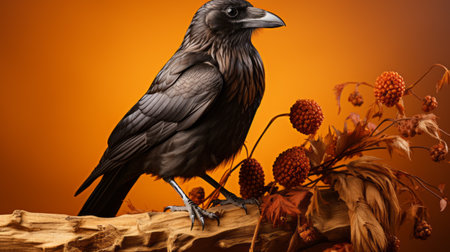 a black crow perched on a branch amidst vibrant autumn leaves. this hyper-realistic animal illustration, created in cinema4d, showcases the playful still life paintings of mike campau. the dark beige and orange hues, digitally enhanced by justin gaffrey, add depth and intensity to the scene. ai generatedの素材