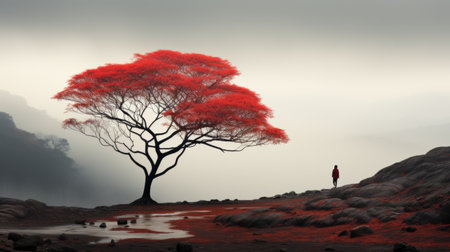 a person stands under a tree in a vibrant and exaggerated scene, featuring light crimson and gray tones. this 8k resolution photograph captures the beauty of tropical landscapes, showcasing monochromatic artworks. the image portrays a romantic and dramatic landscape, reminiscent of scottish landscapes. ai generatedの素材