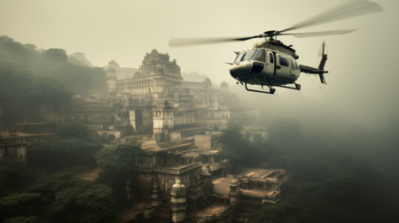 a helicopter soars above a town, its silhouette contrasting against the backdrop of buildings. the scene exudes an air of mystery, reminiscent of a jungle adventure in indian pop culture or the ethereal beauty captured in japanese photography. the grandiose ruins, shrouded in mist, add to the enigmatic atmosphere. the photograph showcases photographically detailed portraitures, with a captivating use of earth tones. ai generatedの素材