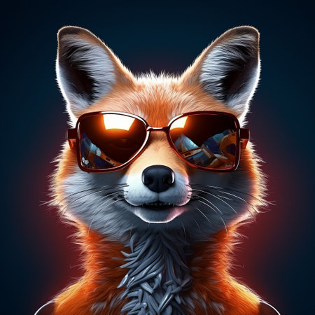a fox wearing sunglasses is depicted in this image, showcasing a unique blend of realistic chiaroscuro lighting and colorful caricature. the use of vray and photo-realistic techniques enhances the visual appeal, while saturated colors and pixelation add a touch of vibrancy. this image is reminiscent of an imax experience. ai generatedの素材