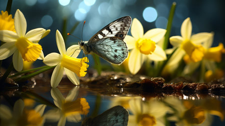 butterfly resting on vibrant yellow daffodils, capturing the essence of sparkling water reflections and night photography. this realistic still life showcases dramatic lighting, rendered beautifully in unreal engine. the composition tells a pictorial story, with a color palette of gray and azure, reminiscent of the works of serge marshennikov. ai generatedの素材