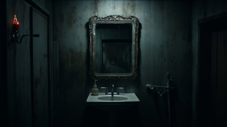 a hauntingly atmospheric 8k resolution image captures a chilling scene in a dark room. the room features a toilet, mirror, and chair, all surrounded by dark walls. with elements of psychological horror, poolcore, distressed and weathered surfaces, and southern gothic influences, this uhd image immerses viewers in a world of eerie absinthe culture. ai generatedの素材