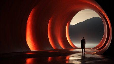 a man stands in a red tunnel, surrounded by chromatic sculptural slabs. the layered and atmospheric landscapes create a mesmerizing effect. this uhd wallpaper captures the essence of petrina hicks' style, with its rounded forms and golden light. the photo-realistic composition brings the scene to life. ai generatedの素材