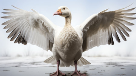 white pelicans gracefully display their wings spread out in front of them, captivating viewers with their narrative-driven visual storytelling. the soft-focus portraits capture their emotive body language, enhanced by the sabattier filter. against a backdrop of polished concrete, the light brown and white feathers of the pelicans create a mesmerizing arabesque pattern. ai generatedの素材