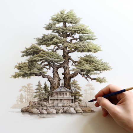 a man is seen drawing a house on an island, incorporating elements of ethereal trees, realistic sculptures, japonisme, detailed botanical illustrations, hyper-realistic animal illustrations, elegant inking techniques, and a naturalistic color palette. ai generatedの素材