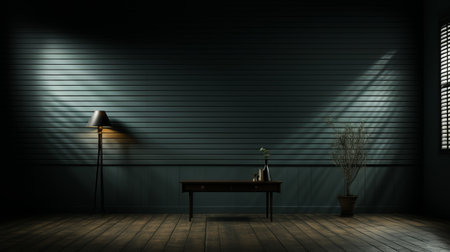 a 3d render of a dark room in a dark corner, showcasing classic japanese simplicity. this tabletop photograph by peter sculthorpe captures a calm and serene beauty with its dark green and dark bronze color palette. the image features stripes and shapes, adding to its overall aesthetic appeal. ai generatedの素材