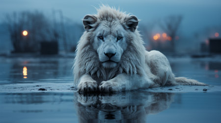 a large white lion captured by a camera in water, reminiscent of the style of raphael lacoste. this image showcases moody and evocative color palettes, with hints of mikko lagerstedt's light bronze and blue tones. the distinctive characters of the lion are enhanced by the solarizing master technique, making this photograph a contest winner. ai generatedの素材