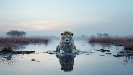 the lion gracefully stands in the serene space between the water, captured in a stunning large-scale photograph. with expert post-processing techniques, the image exudes a realistic yet ethereal quality. the calming symmetry of the scene evokes the beauty of dutch landscapes, reminiscent of a dignified pose worthy of a national geographic feature. ai generatedの素材