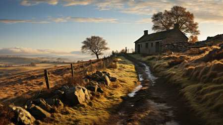 a traditional british landscape featuring a house nestled behind a rocky hill. this national geographic photo captures the essence of rural life with its distressed and weathered surfaces. the image showcases the beauty of the countryside, complete with a lens flare adding a touch of warmth and authenticity to the scene. ai generatedの素材