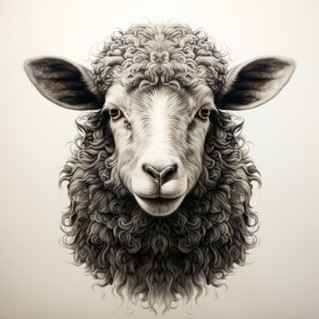 a hyper-detailed monochromatic illustration of a sheep's head with abundant hair. this realistic portrait showcases the artist's skill in capturing intricate details, while the intense use of light and shadow adds depth and dimension. the charming character of the sheep is brought to life through the kimoicore style, making it a captivating piece of illustration. ai generatedの素材