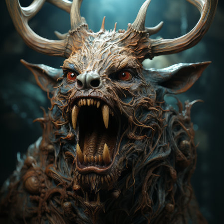 a photo showcasing a new art of dragons, rendered in cinema4d, featuring devil's head, dwarves, and the wolfmen. the intricate details of the necronomicon illustrations are brought to life in this piece. the characterful animal portraits, created using layered textures and patterns, exhibit a captivating blend of dark navy and light bronze tones. the composition is beautifully crafted with vines, adding an organic touch. aiの素材