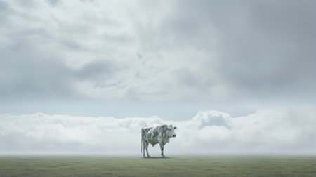 a white cow peacefully grazes in a lush green field, surrounded by a surreal and ethereal atmosphere. the muted tones of the scene, reminiscent of dutch landscapes, create a dreamlike ambiance. the cinematic rendering in cinema4d adds depth and texture to the photography installation. mist hovers above the cow, blending with the sky-blue and gray hues of the cloudscapes, enhancing the overall enchanting composition. aiの素材