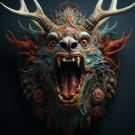 a mystical creature head piece with antlers and a face, inspired by the realistic and hyper-detailed renderings of the shang dynasty. this surrealistic and grotesque creation features a dark teal and light red color scheme. the nightmarish illustrations are reminiscent of colorful woodcarvings, digitally enhanced for a captivating visual experience. ai generatedの素材