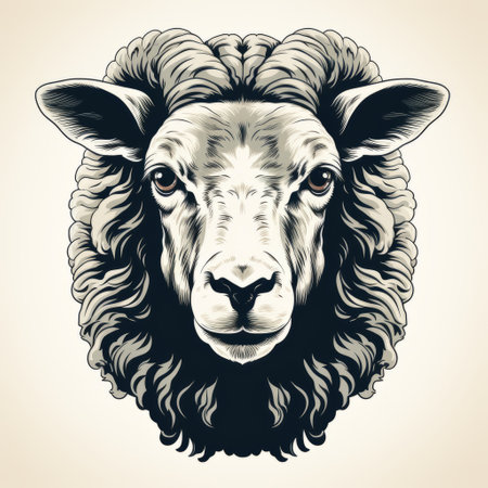 a sheep with a strong facial expression is depicted in the style of dan mumford. the monochromatic symmetry of the vintage graphic design enhances the sheep's classical proportions. against a white background, the sheep stands out in shades of dark gray and light beige. ai generatedの素材