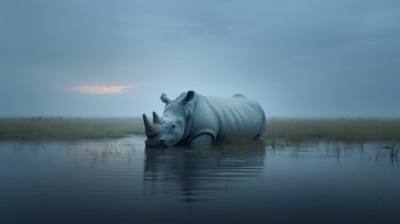 a rhinoceros stands in water, captured in a photo reminiscent of jessica rossier's style. the image raises ethical concerns surrounding these magnificent creatures. it also evokes the whimsical yet eerie animal symbolism seen in the works of arthur sarnoff. the art of the ivory coast and the bold chromaticity of doug hyde's creations further enhance the visual impact of this captivating photograph. ai generatedの素材