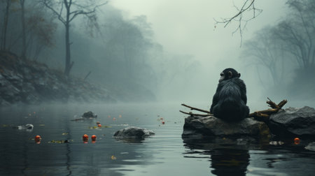 a person sits on the rocks of a river, surrounded by whimsical yet eerie animal symbolism. this photo, inspired by chinese and japanese traditions, captures the essence of halloween. with a shallow depth of field, the image is brought to life by the artistic touch of alex petruk ape and nadav kander. ai generatedの素材