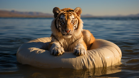 a tiger lounges on a float in a lake, resembling a beach portrait. the backlit photography captures the scene in vibrant orange and beige tones. the image, created using unreal engine 5, incorporates elements of celebrity and pop culture references. with a soft-focus effect and a touch of subversive appropriation, this photo is a unique blend of art and imagination. ai generatedの素材