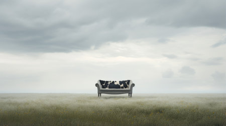 a chair sits in a grassy field, surrounded by the beauty of nature. the contemporary faux naf style of the chair blends dark white and gray tones, creating a soft and dreamy atmosphere. the scene is enhanced by surreal animal hybrids, reminiscent of danish design. the selective focus adds depth, while atmospheric clouds complete the captivating composition. ai generatedの素材