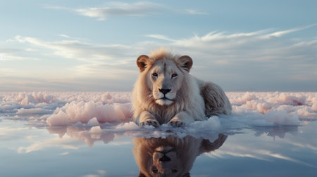 a majestic lion, rendered in unreal engine, sits gracefully on a serene body of water. the reflection of the lion creates a mesmerizing visual effect. the soft pastel skies and snowy surroundings add to the enchanting atmosphere. this hyper-realistic portrait captures the lion's regal essence, while the clear edge definition and mythological references make it a captivating piece of tabletop photography. ai generatedの素材