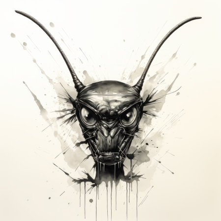 an insect with a unique head shape and spiked features is depicted in this ink wash painting. the artwork showcases a conceptual street art style, infused with elements of post-apocalyptic futurism. the insect's strong facial expression adds to the overall impact of the piece. the composition is enhanced by a cyclorama backdrop, while the streamlined design and hints of bunnycore aesthetics contribute to its distinctiveness.の素材