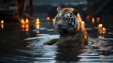 a majestic tiger gracefully swims in the water during the evening, surrounded by flickering candles. this stunning photo captures the essence of the tiger's character and showcases the incredible rendering capabilities of unreal engine 5. with a touch of mori kei style and the allure of a movie still, this national geographic-worthy image brings the tiger's captivating presence to life. ai generatedの素材