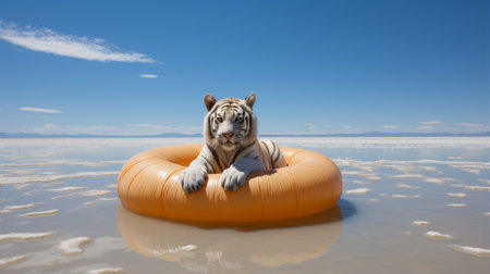 a tiger lounges in the water, floating on an inflatable. the photo captures the tiger against a backdrop of realistic blue skies, enhanced with solarization and bold saturation. the image showcases the tiger's chilling presence, while the white and amber tones add depth. the use of tilt-shift lenses creates a unique perspective, as if capturing the tiger during a heatwave. ai generatedの素材