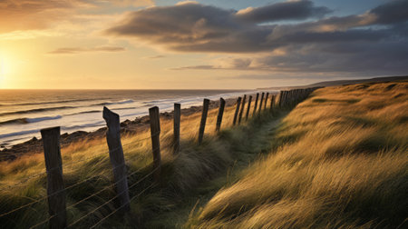 long grass gracefully lines the fence, reminiscent of the majestic and sweeping seascapes. bathed in golden light, this uhd image by jonathan wolstenholme captures the essence of british post-war art with its curvilinear composition. the scene evokes the beauty of dutch seascapes, creating a captivating visual experience. ai generatedの素材