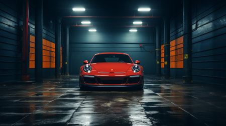 a porsche 911 gts is showcased in a garage, captured with a dramatic atmospheric perspective. the image features a strong facial expression, bold color usage, and a panoramic scale. this artwork, inspired by the styles of samuel silva, mars ravelo, and eduard wiiralt, creates a visually striking and captivating composition. ai generatedの素材