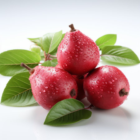 red pears and leaves are beautifully arranged on a white background, showcasing the artistic technique of wet-on-wet blending. this composition skillfully combines natural and man-made elements, resulting in a captivating image. the kimoicore style adds a unique touch, while the silver and pink hues enhance the overall visual appeal. with quiet potency and exacting precision, this photo captures the essence of its subject. ai generatedの素材