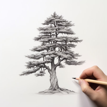 an artist meticulously creates a hyperrealistic composition of a tree, using a white sketching technique. the detailed character illustrations, tattoo-inspired elements, and scientific illustration style merge to form a unique and visually captivating artwork. the flat, limited shading adds depth to the spiky mounds, resulting in a truly mesmerizing piece. ai generatedの素材