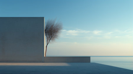 a person gazes at a tree, positioned on a rocky patch amidst lush green grass, near a serene body of water. this minimalist composition incorporates illusionary architectural elements, with a touch of light cyan, exuding a sense of minimalistic elegance. the photorealistic urban scene captures the essence of oriental minimalism, creating a captivating passage of tranquility. ai generatedの素材