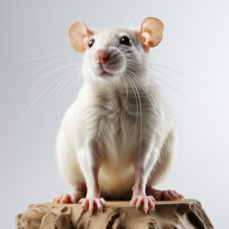 a white rat with shiny eyes sits on a log in this pop-culture-infused, studio photography image. the detailed scientific subjects are captured using innovating techniques, showcasing the elegant and emotive faces of the rat. the back button focus ensures sharpness and clarity in this captivating photo. ai generatedの素材