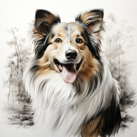 a charming studio portrait of a collie dog with its tongue out, captured in the style of a speedpainting by kevin hill. the highly detailed foliage in the background adds depth to the image, while the light gray and light amber tones create a warm and inviting atmosphere. this wood-inspired artwork showcases the artist's talent for creating captivating and lifelike character illustrations. ai generatedの素材