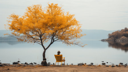 an elderly woman peacefully sits on a yellow chair beneath a vibrant yellow tree in the forest. this serene scene captures the essence of conceptual minimalism and the beauty of nature. the orange and brown tones add warmth to the image, evoking a sense of tranquility. inspired by prairiecore and japanese minimalism, this photo exudes serenity and calmness. ai generatedの素材