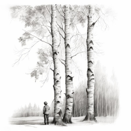 a pencil drawing of birch trees by brian clements. this birch tree painting captures the essence of isolated figures and editorial illustrations, reminiscent of soviet realism. the uhd image showcases the whimsical style of this children's book illustrator, with a color palette of white and gray. captured with a zeiss milvus 25mm f/1.4 lens. ai generatedの素材