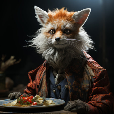 a fox, in a photorealistic rendering, is captured in a candid shot while dressed up and appearing to eat from a plate. this sci-fi baroque-inspired image features famous figures in a twisted and painterly technique, reminiscent of pre-raphaelite art. rendered in unreal engine, this unique portrayal showcases the fox's playful and imaginative nature. ai generatedの素材