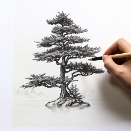 a person meticulously sketches a miniature pine tree on a sheet of paper, showcasing their exceptional talent in highly detailed realism. the artwork reflects a focus on character design, reminiscent of monumental ink paintings and hyperrealistic sculptures. the shading techniques employed create a sense of depth and dimension, akin to scientific illustrations. this captivating image captures the essence of the leica r3 camera's ability toの素材