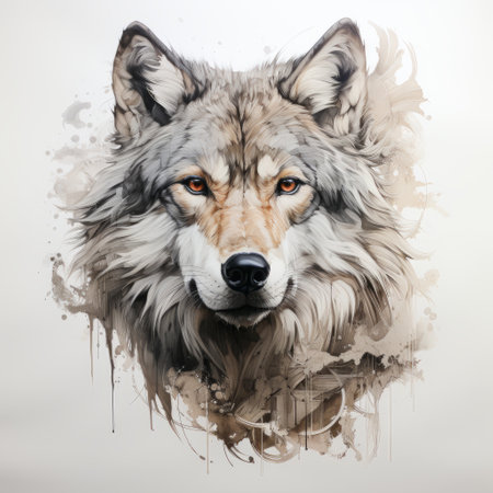 an abstract painted illustration of a wolf, inspired by hyper-realistic animal illustrations. the artwork features inkblots and a color palette of light gray and light amber. the emotionally charged portrait draws inspiration from the works of paulus potter, showcasing serene faces and splattered-dripped techniques. ai generatedの素材