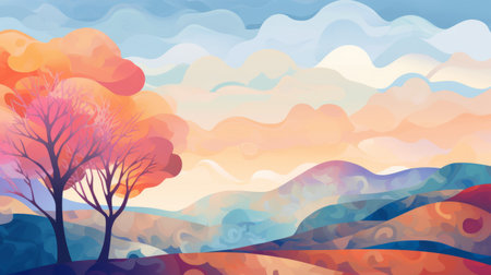 a beautiful landscape painting featuring colorful gradients, simple illustrations, and soft lines and shapes. the artwork showcases a vibrant mix of light indigo and amber hues, with elements of transparency and opacity. the painting exudes a playful and colorful cartoon-like style, with touches of light crimson and blue adding depth and contrast. ai generatedの素材