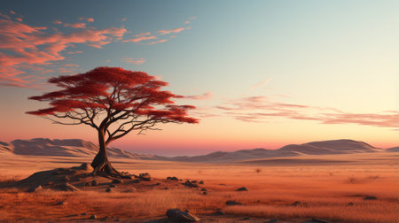 a single tree stands isolated in the desert, resembling vibrant fantasy landscapes with its light crimson hue. this 3840x2160 image, created using daz3d software, showcases an african influence and exudes a tranquil serenity. the nature-inspired scene captivates with its unique beauty and evokes a sense of awe and wonder. ai generatedの素材