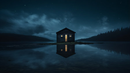 a house in the middle of a lake, with stars reflected, captured in the style of mike campau, a minimalist illustrator. this 8k resolution photograph showcases detailed atmospheric portraits, rustic americana, cabincore, and soft surrealism. ai generatedの素材