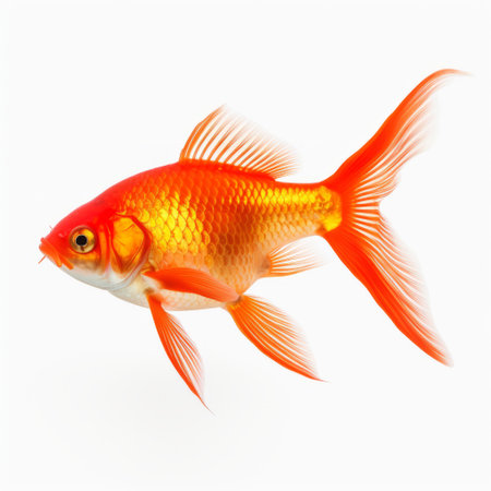 an orange fish is depicted in this image, set against a white background. the fish is portrayed in a realistic and lifelike manner, with a color palette of light red and gold. the artwork showcases layered mesh techniques, resulting in a visually harmonious composition. the fish's relatable personality shines through in this 32k uhd image, which embodies the essence of mingei art. ai generatedの素材