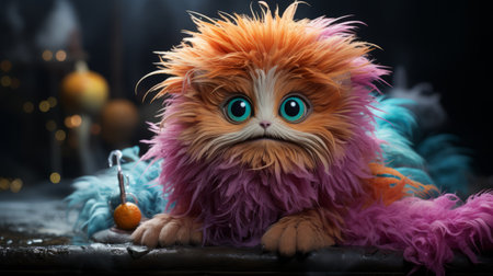 a kitten toy in vibrant orange and magenta colors is depicted in this high-definition wallpaper by aliina sandova. the image showcases the artist's skillful use of textured brushwork, creating a realistic and hyper-detailed rendering. inspired by the styles of zbrush and artists like rachel maclean and charles spencelayh, this artwork features a hybrid creature composition. ai generatedの素材