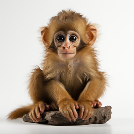 a cute little monkey with its eyes closed is captured in this photo. the image showcases minimal retouching and photorealistic renderings, with a tabletop photography style. influenced by precisionism, the monkey's light brown and gold tones add to its colorful appeal. this high-resolution 32k uhd photo is a delightful depiction of this adorable primate. ai generatedの素材