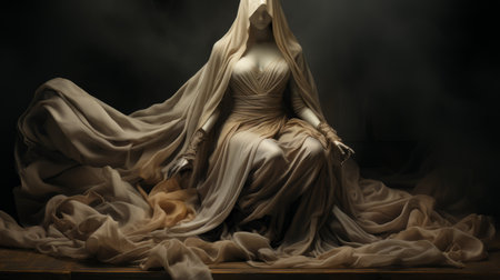 an old lady, reminiscent of the style of adam martinakis, is seated on a wooden bench. she is adorned in a long gown, featuring luxurious drapery and flowing fabrics. the scene evokes the essence of american sculpture from 1830 to 1950, with hints of sean yoro's artistry. the color palette consists of dark, white, and amber tones, reminiscent of gareth pugh's aesthetic. ai generatedの素材