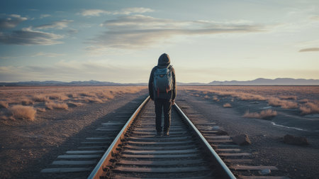 a man's shadow stretches across a desolate railroad track, evoking a post-apocalyptic atmosphere. the image showcases a calming symmetry amidst the writer academia theme, with a color palette of light maroon and sky-blue. the adventure-themed backdrop hints at vast horizons, capturing the essence of andreas levers' photography. ai generatedの素材