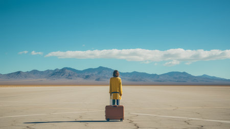 a person walks in empty space, gazing at a suitcase, in sacha goldberger's expansive landscape style. the image captures the essence of american consumer culture with its yellow and aquamarine tones. the soft focus adds a touch of nostalgia, reminiscent of the desertwave aesthetic. this artwork evokes the influence of louise bourgeois in a unique and captivating way. ai generatedの素材