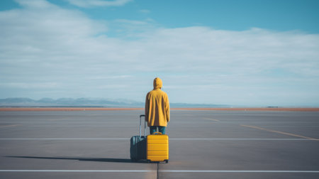 a person is seen posing outdoors, wearing a yellow raincoat and carrying luggage, creating a travel-themed image. the photo is captured in the style of high horizon lines, with a combination of dark teal and light sky-blue colors. the textured pigment planes add depth to the composition. the image raises ethical concerns and reflects tabletop photography. it also touches upon american consumer culture and featuresの素材