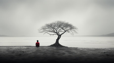a woman sits under a tree by a pond, showcasing a conceptual minimalism style. the photo features a monochrome landscape in red and gray, evoking a sense of desolation. the image captures trapped emotions and draws inspiration from zen buddhism, with a strong emphasis on contrast. ai generatedの素材