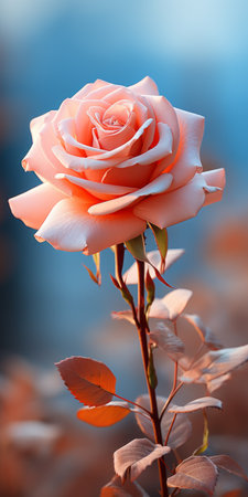 a pink rose in full bloom is captured in this hyper-realistic portrait. created using unreal engine 5 and daz3d, the image showcases stunning details and a tonalist color scheme. the rose stands out against a backdrop of light sky-blue and light orange, resulting in a visually captivating and high-definition composition. ai generatedの素材